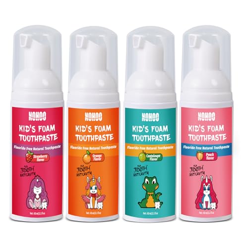 NOHOO Fluoride Free Foam Toothpaste Kids Fruit Flavour Natural Training Toothpaste for Baby Toddler Children Oral Cleaning and Cavity Protection Strawberry Orange Peach Cantaloupe
