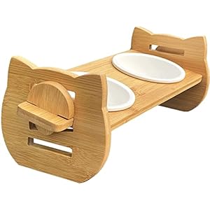 GUUSII HOME Cat Food Bowl Anti Vomiting Ceramic Cat Bowls With Stand Tilted Raised Cat Bowl for Food and Water Tilted Cat Bowl Bamboo Cat Feeding Station Elevated Cat Bowl with Cat-shaped Stand(S)