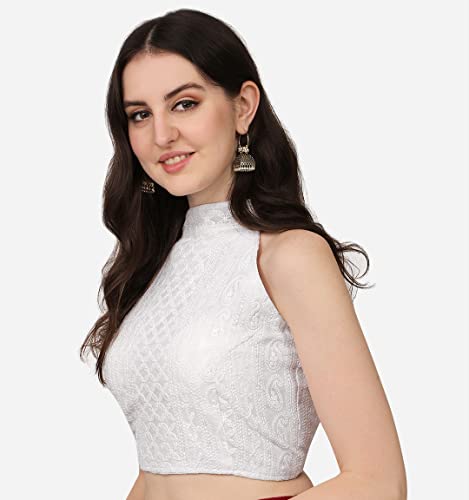 Image of Pujia Mills Women's Halter Neck Chickenkari Work Readymade Saree Blouse