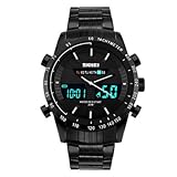 FENKOO Herren Armbanduhr digital LED/Kalender/Chronograph/Wasserdicht/Duale Zeitzonen/Alarm/Sportuhr Edelstahl Band Schwarz Marke-