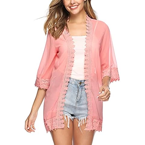 NB Women Cardigans Summer Casual Lace Kimono Cardigan Ladies 3/4 Sleeve Lightweight Open Front Chiffon Shrugs Blouse Jackets Beach Cover Ups Pink M Cover