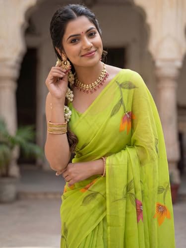 Image of AKHILAM Women's Cotton Saree with White Daisy Floral Prints Tassel Pallu Lightweight Summer Saree
