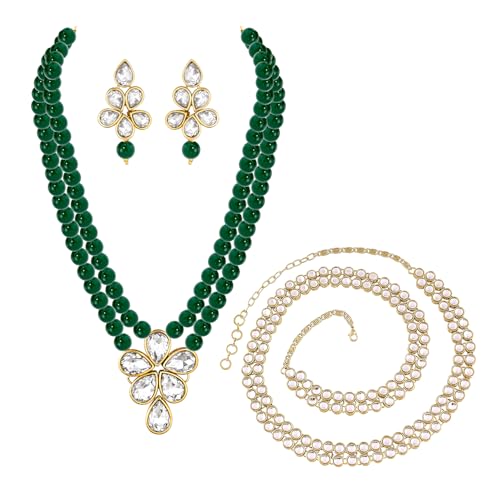 Image of Peora Crystal Faux Pearl Kundan Necklace & Jewellery Set Gift for Women