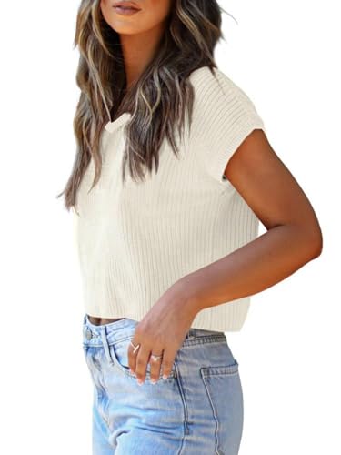 Image of LCXWFE Womens Summer Cropped Sweater Vest Trendy Cap Sleeve Crop Tops Crew Neck Loose Knit Tank Top