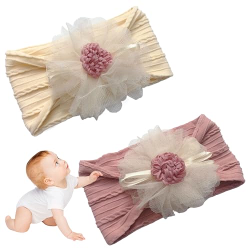 VURYAPI 2 Piezas Diademas Bebe Niña,Elástica Diademas Bebe Niña,Bebé Hairband De Los,Lazos Pelo Accesorio Turbante Bebe Niña Para Cabeza,Bebés Recién Nacidos Diademas De Fotos(Rosa, Blanco