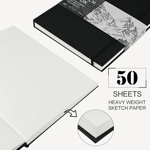 KINSPORY Szkicownik z Twardą Okładką w Tkaninie A4, Blok Szkicowy - 21 x 29.7 cm, 50 Arkuszy 150 g/m² Profesjonalny Perforowany Papier Szkicowy, Podróżny Blok Rysunkowy dla Artystów