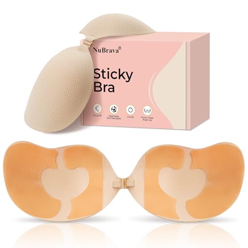 NuBrava Strapless Sticky Bra Push Up for Women, Adhesive Silicone No Show Bra for Backless Dress, Invisible Reusable V Shape(E cup) Beige