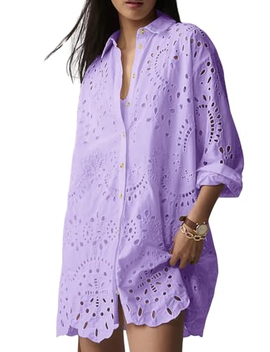 Image of CHARTOU Women Eyelet Lace Dress Button Down Shirt Loose Fit Summer Casual Mini Dress