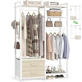 iSunirm Offener Kleiderschrank, Kleiderständer mit 2 Schubladen & 2 Kleiderstangen, Moderne Garderobe Metall für Schlafzimmer, Stabiler Garderobenschrank Wendbar, 115 x 40 x 200 cm Garderobe