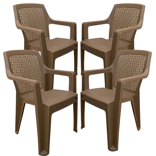 Image of SkyGlamour Cello Sonet Plastic Arm Chair Garden, Home, Living Room, Indoor and Outdoor (Colour: Rattan Beige; Set of 4 Chairs)