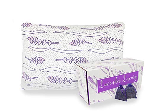Lavender Luxury. Shredded Memory Foam Pillow for Sleeping with Gel Fiber Blend. Bed Pillows for Sleeping with Removable Zipper Cover. Organic Lavender Leaf Packets. CertiPur-US.