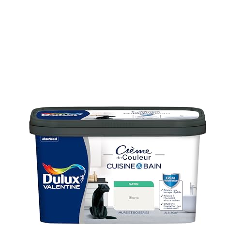 Dulux Valentine Peinture Intérieure Crème de Couleur Cuisine et Salle de Bain - Pièces Humides Murs et Boiseries - Résistant aux taches et à l'humidité - Satin...