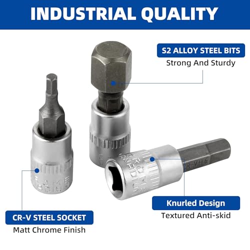 Image of DAKCOS Hex Bit Socket Set 1 /4 inch Drive 7 Pieces Allen Key Socket Set Metric 4mm - 12mm S2 Alloy Steel Bit and CR-V Drive Socket
