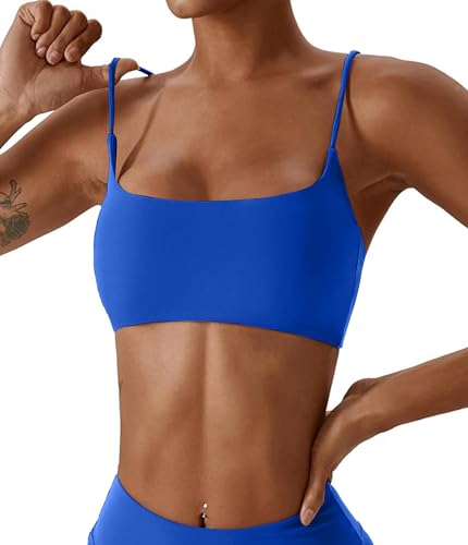 Comper Womens Sports Bras Wirefree Racerback Workout Bras Sexy Thin Straps Yoga Sport Bras with Removable Pads(Sapphire Blue-S)