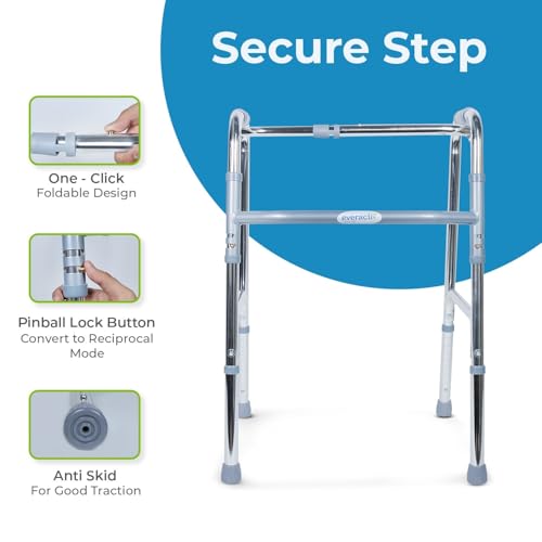 Image of Everactiv Lightweight Aluminium /Glossy Finish Walker for adults, Height Adjustable Walking Support for Old People, Sturdy Frame Walker for Old People | Made in India