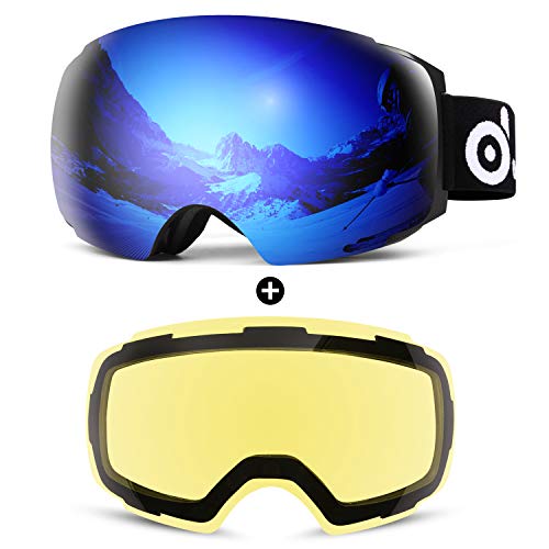 Odoland Magnetic Interchangeable Ski Goggles with 2 Lens, Large Spherical Frameless Snow Goggles