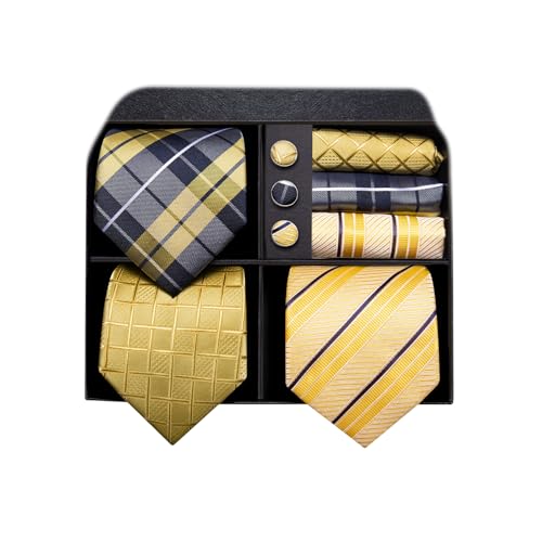 Image of Hi-Tie 3 Pcs Gift Box Mens Tie Set Necktie with Pocket Square Cufflinks Lapel Pin Silk Neck Tie Collection