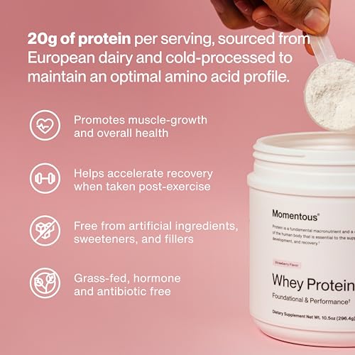 Image of Momentous Essential Grass-Fed Whey Protein Powder - 20 g Whey Isolate Protein - NSF Certified for Sport - Gluten-Free - 12 Servings for Essential Everyday Use - Strawberry - Package May Vary