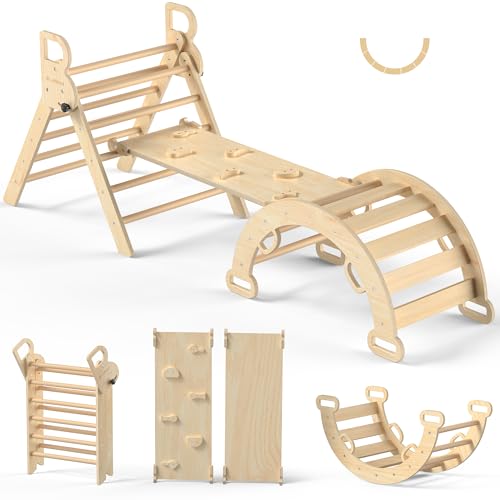Image of BlueWood Pikler Triangle Set, Toddler Wooden Climbing Toys Indoor 7in1 Climber, Foldable Kids Climbing Toys, Montessori Play Jungle Gym with Arch, Ramp, Ladder (Natural)