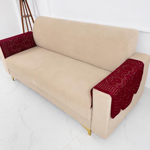 Image of Homerz Premium 'Surya Series' Sofa Cover | Stylish Sofa Protector | Net Fabric | Anti-Stain & Washable Slip Cover Exact Size Antislip (Flower Valley Maroon, 2 Pc Armrest, Armrest)