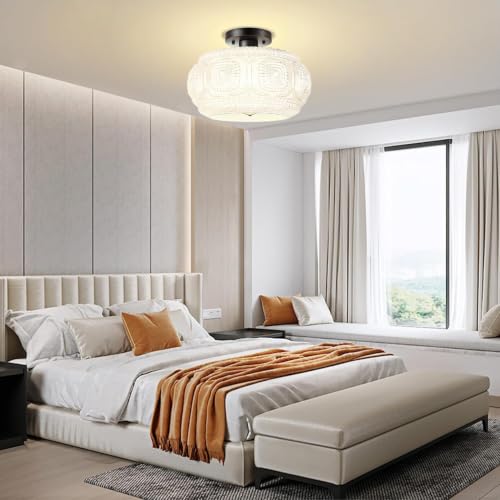 Image of 12 inch Milk Glass Semi Flush Mount Ceiling Light Fixture, Black Base