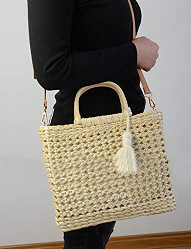 Bolso de paja estilo saco para mujer con asa de bambú miniatura 2