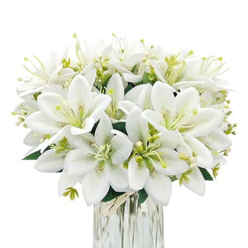 FOUSUKA 4 Bundles Artificial Tiger Lily Silk Flowers Faux Fake Lilies Plants for Wedding Bouquet Home Party Indoor Table Hotel Office Vases Floral Arrangements Outdoor Garden Decor (White)