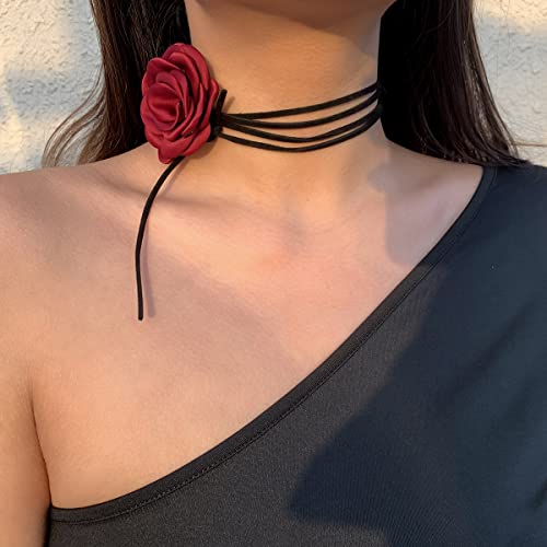 Velvet Flower Rose Flower Choker Necklace For Women Girls (wine red) - Thumbnail 4