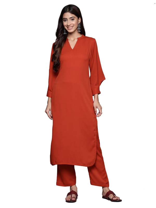 Varanga Women Rust Long Sleeves With Smart Cut Cuff, Straight Kurta Paired With Tonal Solid Bottom