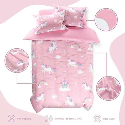 Image of SANDJEST Unicorn Comforter Set Twin Size 68x86in for Kids Girls, Microfiber 3 Pcs Bedding Set Includes 1 Comforter, 1 Pillowcase, 1 Fitted Sheet, Nursery Room Decor
