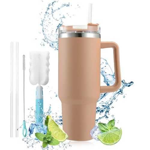 HIQE-FL Tasse Isotherme de Voyage Haute Capacité avec Paille, 1200ml, Sans BPA, Double Isolée (Brun)