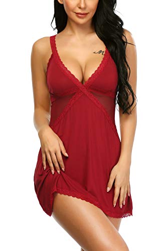 Aranmei Femme Ensemble de Lingerie Sexy en Dentelle Col V Erotique Nightwear Robe de Nuit Nuisette Ouverte Transparente Babydoll avec String (Vin-Rouge, Size L)