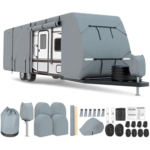 DenForste RV Cover, 16'-18' Camper Cover Upgraded 7 Layers Rip-Stop Anti-UV Travel Trailer Cover, Windproof Waterproof Rv & Trailer Covers with Extra Straps, Tire Covers & Gutter Covers Cover