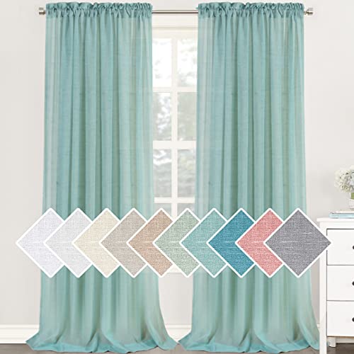 H.VERSAILTEX Natural Linen Sheer Curtains 108 Inches Length 2 Panels Textured Woven Linen Blended Curtain Drapes for Living Room/Bedroom Light Filtering Rod Pocket Draperies - Sea Mist