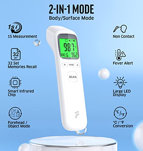 Thermometer for Adults and Kids, No-Touch Forehead Thermometer with Object Mode Function,Fever Alert and 32 Set Memory Recall,Instant Accurate Reading Digital Baby Thermometer for Fever - Thumbnail 3