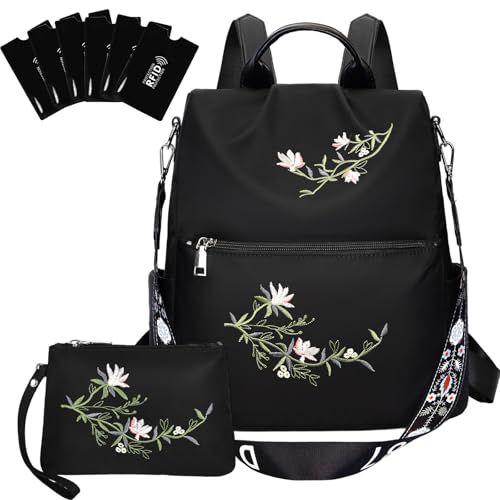 Eshow Mochila Mujer Antirrobo con Bordados, Bolso Casual con Correa Ajustable y Asa Superior, Bandolera Multifuncional para Uso Diario Trabajo Viaje Escuela Compras y Universidad Negra