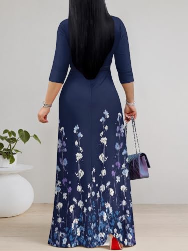 Image of PinkPatty Plus Size Maxi Dress for Women Casual V Neck 3 /4 Sleeve Boho Printed Long Dress with Pockets