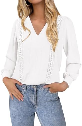 dowerme Womens Tops 2025 Fall V Neck T-Shirts Long Sleeve Shirts Lace Crochet Work Blouses Dressy Casual Loose Tunics
