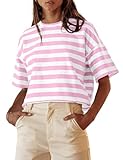 Cioatin Women Oversized Striped Colorblock Crop Tee Top Crew Neck Short Sleeve Loose Fit Aesthetic Tshirt Summer Casual Pink White, Small