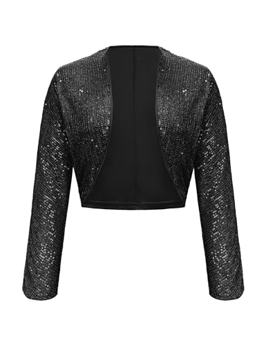 Genhoo Womens Sequin Bolero Shrug Long Sleeve Cropped Sparkly Cardigan Open Front Sequins Jackets for Dresses