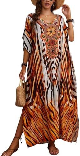 IMAGEKOPE Women's Plus Size Animal Print V-Neck Batwing Kaftan Beach Dress Bathing Suit Cover-Up Loungewear