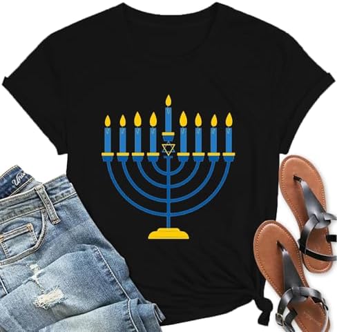 Hanukkah Shirt for Women Menorah Candles T-Shirt Jewish Menorah Chanukah Tee Tops