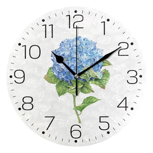 Tarity Blue Hydrangea Flowers Wall Clocks Battery Operated Non Ticking Silent Modern Round Decorative Wall Clock for Living Room Kitchen Bedroom Office School Classroom Farmhouse Decor, Black25x25cm