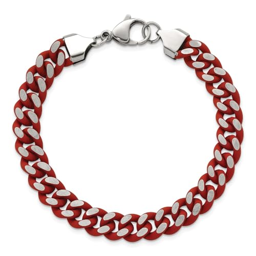 Stainless Steel Polished with Red Enamel and Rubber Coating 9mm Curb Chain Bracelet 8.5"2