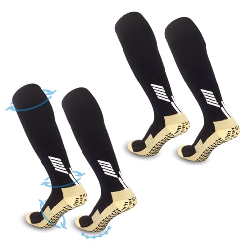 FIBOGOUP - Chaussette de Football Combinaison 32-38 | Chaussettes de Sport Enfant | 2 paires noires | Grip Socquettes pour Basket Trekking Cyclisme Yoga