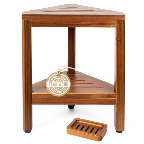 Teak Corner Shower Bench with Matching Soap Holder - Sturdy Waterproof Bathroom Stool Chair with Storage Shelf for Bathing Supplies - Bath Seat and Foot Rest for Shaving Legs - 15 x 15 x 18