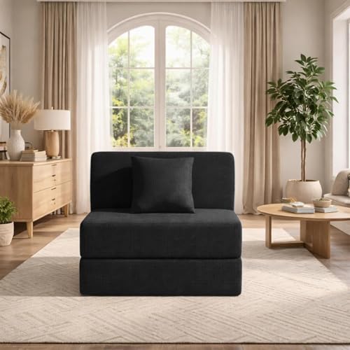 Image of Modern Jute Fabric Sofa Cum Bed with Cushion | 1-Seater Convertible Sleeper Sofa | Space Saving Folding Couch for Living Room, Bedroom & Guest Room-Black