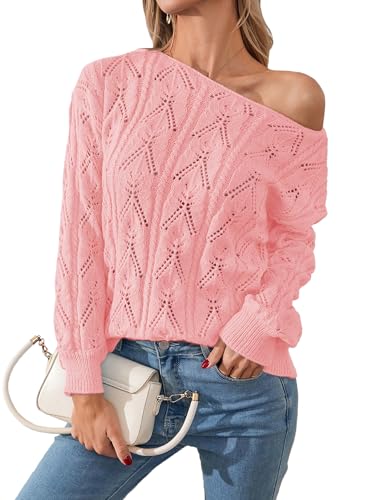 Image of Libsorge Womens Cute Sexy Off The Shoulder Crochet Knit Sweater Fall Winter 2025 Trendy Lightweight Boat Neck Pullover Top
