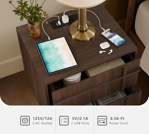 Image of Mid Century Modern Nightstand Set of 2 with Charging Station, Nightstand with Skeleton Line & Wood Grain, Bedside Table with Drawers Storage, End Table for Bedroom, Living Room, Walnut