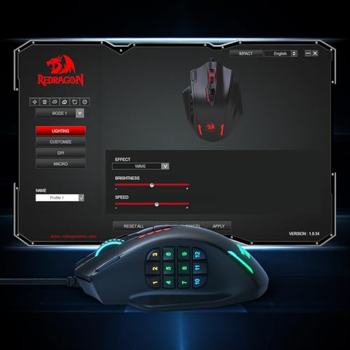Redragon Mouse M908 Impact RGB LED MMO com botões laterais Mouse para jogos com fio óptico com 12.400DPI, alta precisão, 20 botões programáveis para mouse glide